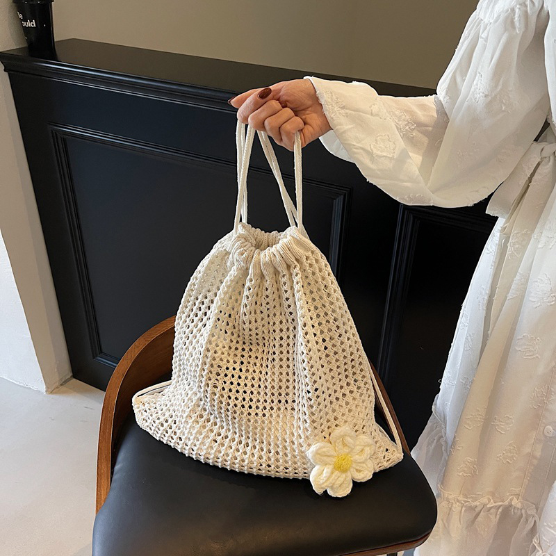 Crochet Market Bag - Solid Color Knitting Shoulder Bag Large