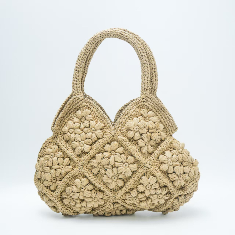 Crochet Market Bag - 3D Floral Grass Straw Woven Bag