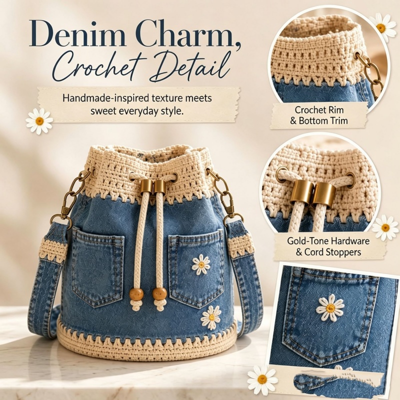 Denim Crochet Bucket Bag Handm - Crochet Market Bag recension och pris
