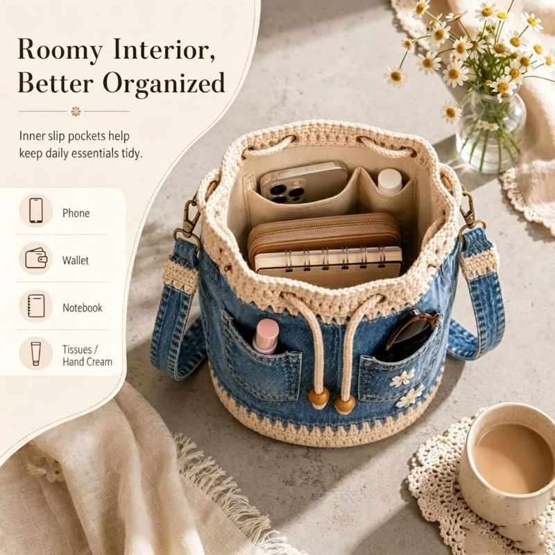 Denim Crochet Bucket Bag Handm - Crochet Market Bag recension och pris